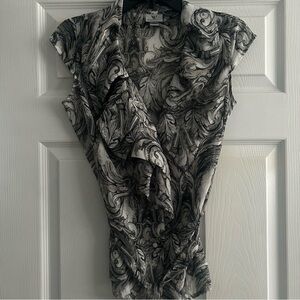 Worthington Ruffled Button Down Black/White Patterned Blouse w/ Waist Tie, Small